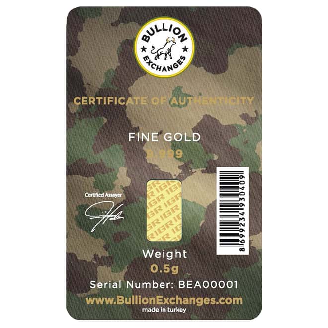 1/2 Gram Gold Bullion Exchanges Army Camouflage Istanbul Gold Refinery (IGR) .9999 Bar (In Assay)