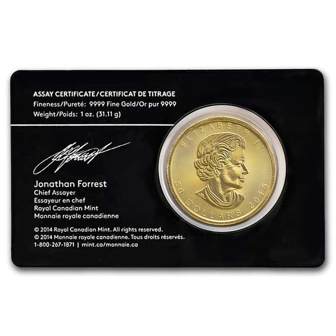 2015 1 oz Canadian Gold Maple Leaf $50 .9999 Fine Gold (In Assay Card)