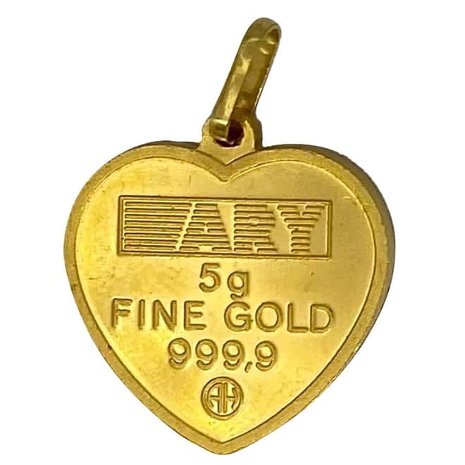 5 gram Argor Heraeus ARY Rainbow Heart Hologram Gold Pendant .9999 Fine (Scruffy)