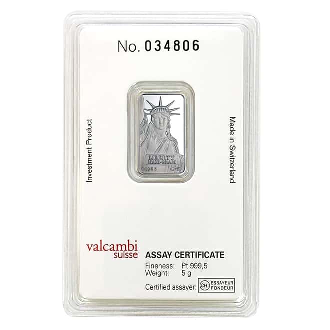 5 gram Credit Suisse Statue of Liberty Platinum Bar .9995 Fine (In Assay)