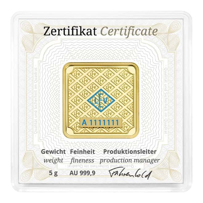 5 gram Geiger Original Square Gold Bar (In Assay)