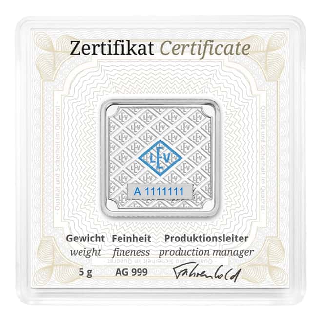 5 gram Geiger Original Square Silver Bar .999 Fine (In Assay)