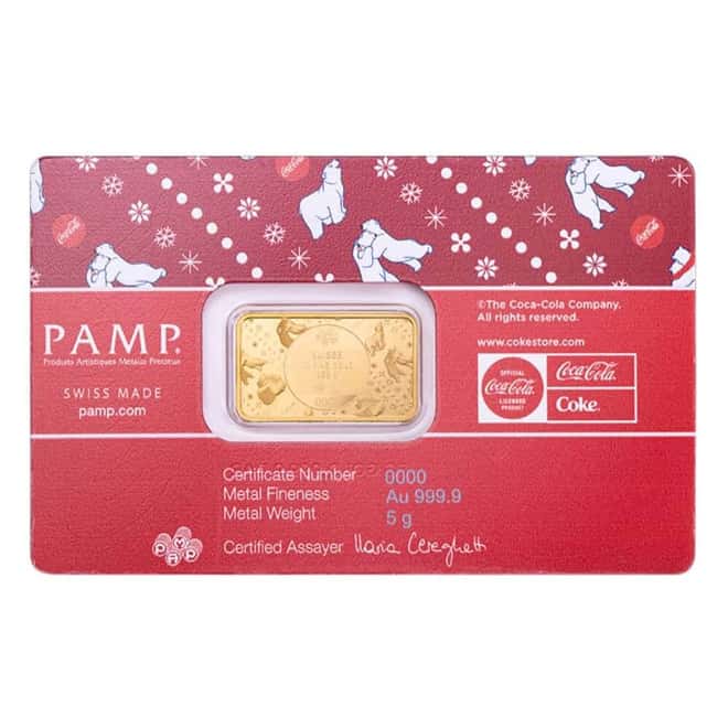 5 Gram PAMP Suisse Coca-Cola® Holiday Polar Bears Gold Bar (in Assay)