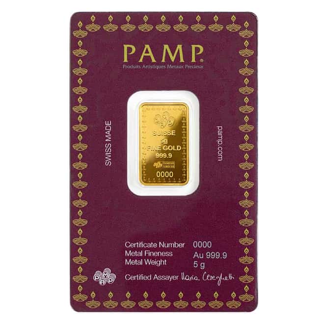 Box of 25 - 5 gram PAMP Suisse Diwali Lakshmi Festival of Lights Gold Bar