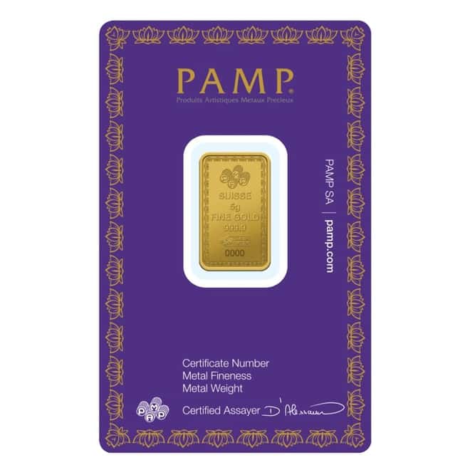 5 gram PAMP Suisse Diwali Lakshmi Gold Bar .9999 Fine (In Assay)