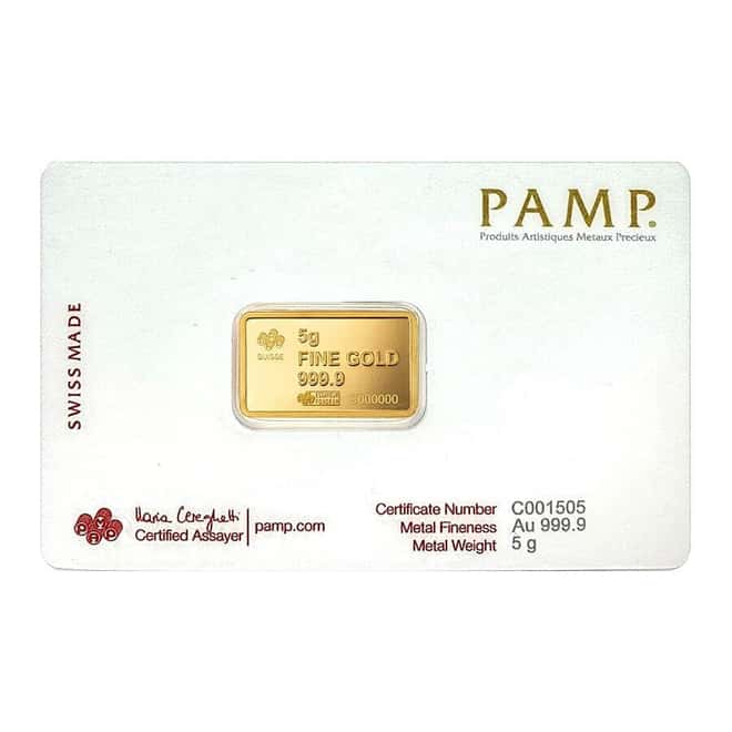 5 Gram PAMP Suisse Statue of Liberty Gold Bar .9999 Fine (in Assay)