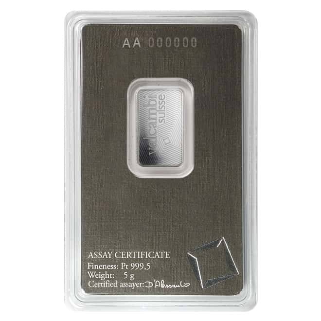 5 gram Platinum Bar - Valcambi Suisse .9995 Fine (In Assay)