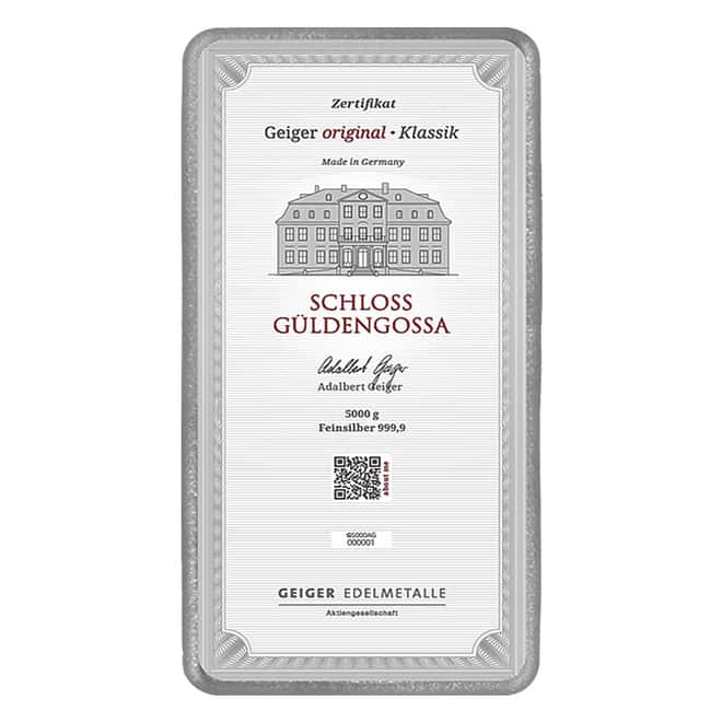 5 kilo Geiger Original Cast Silver Bar .9999 Fine