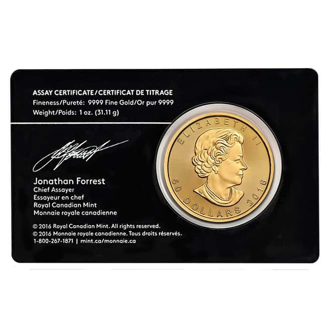 2016 1 oz Canadian Gold Maple Leaf $50 .9999 Fine (In Assay Card)
