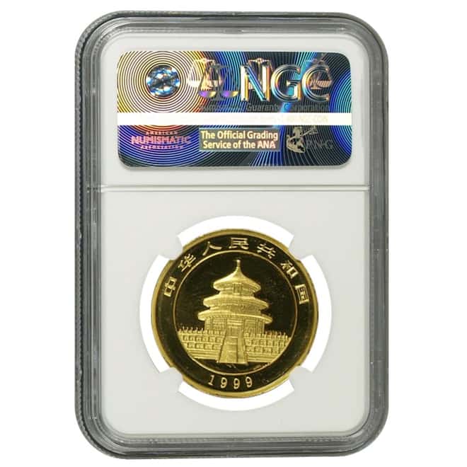 1999 1 oz China Gold Panda 100 Yuan NGC UNC Details Large Date Serif 1