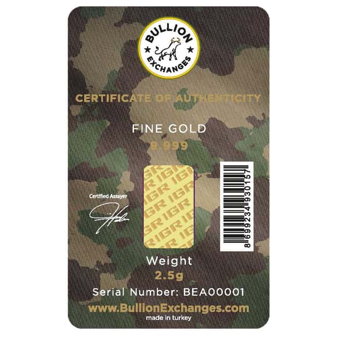 2.5 Gram Gold Bullion Exchanges Army Camouflage Istanbul Gold Refinery (IGR) .9999 Bar (In Assay)