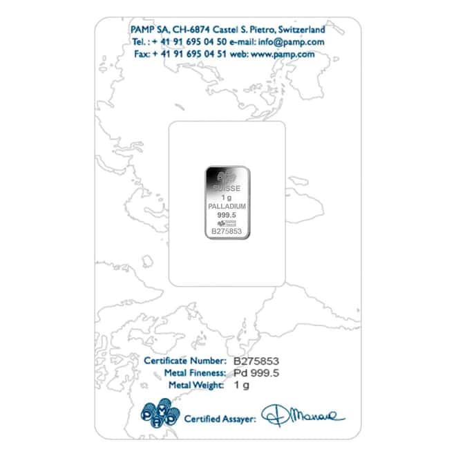 1 gram PAMP Suisse Palladium Bar .9995 Fine (In Assay)