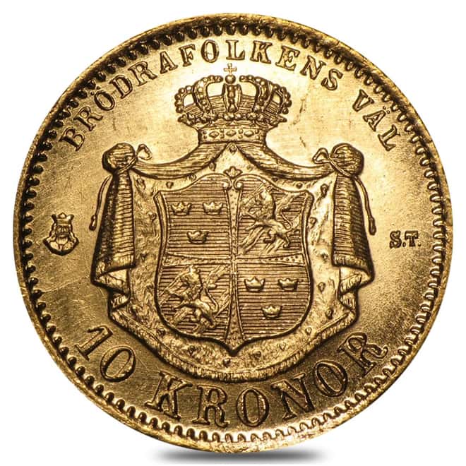 Sweden Gold 10 Kronor BU AGW .1296 oz (1873-1901, Random Year)