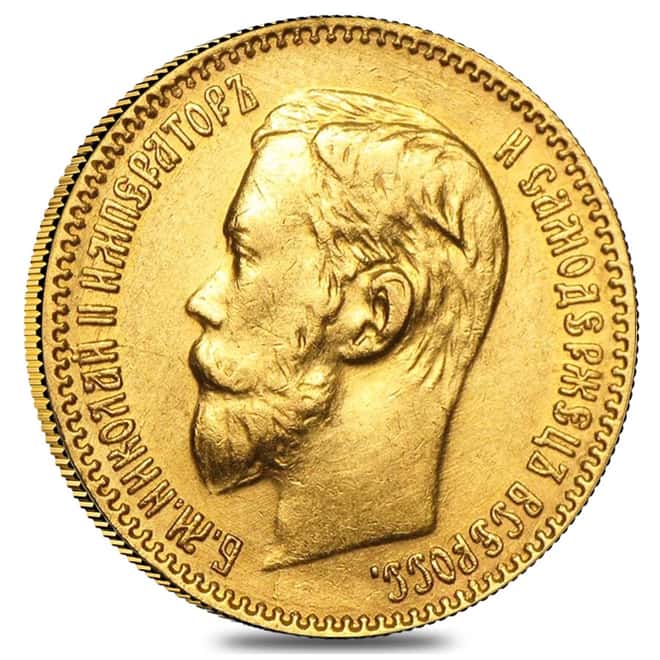 5 Roubles Russia Nicholas II Gold Coin Avg Circ AGW .1244 oz (1897-1911, Random Year)