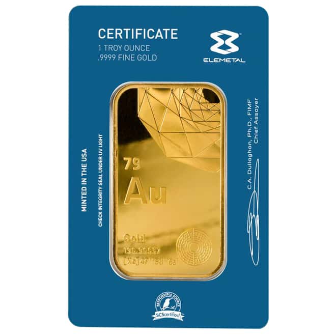 Elemetal Mint 1 oz Gold Bar .9999 Fine (In Assay)