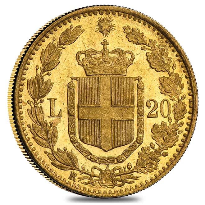 Italy Gold 20 Lire Umberto I Avg Circ (Random Year, 1879-1897)