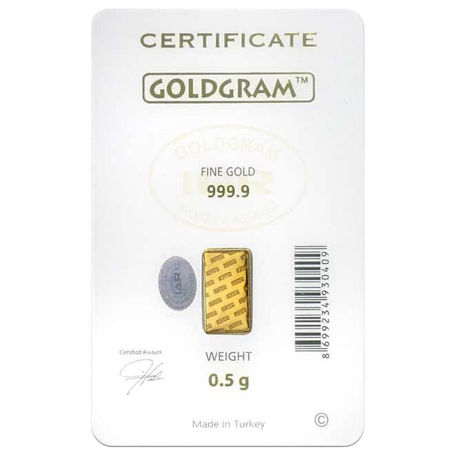 1/2 gram Istanbul Gold Refinery Bar (IGR) .9999 Fine (Graduation Assay)