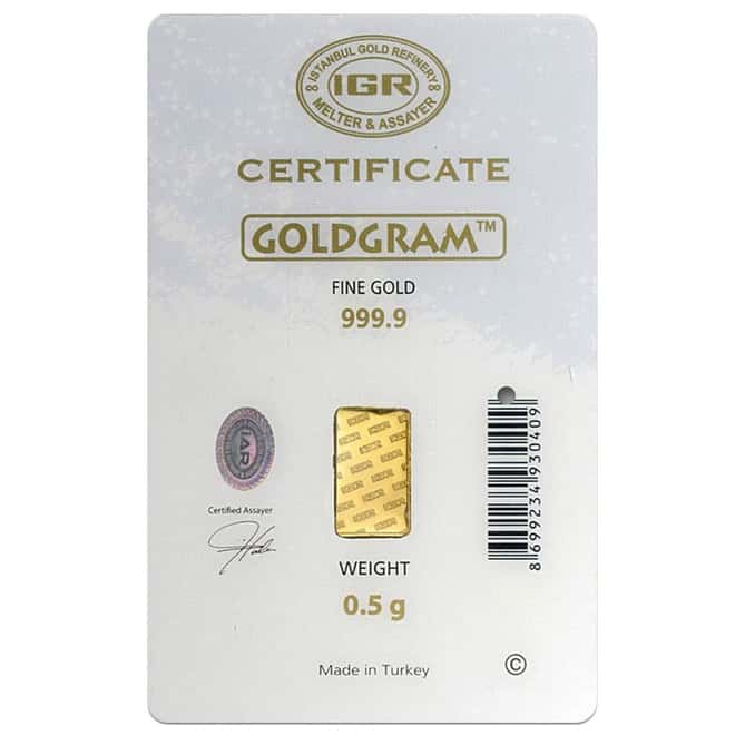1/2 gram Istanbul Gold Refinery Bar (IGR) .9999 Fine (Holiday Assay)