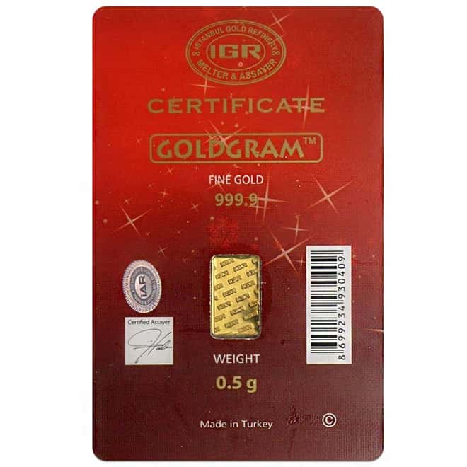 1/2 gram Istanbul Gold Refinery Bar (IGR) .9999 Fine (Christmas Assay)