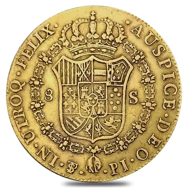 8 Escudos Bolivia Charles IV Gold Coin AGW .7615 oz Circ (1791 - 1808, Random Year)