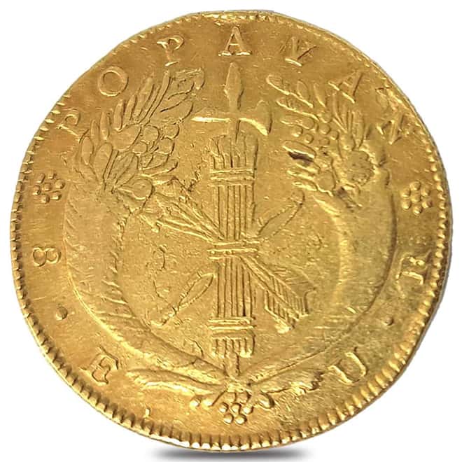 8 Escudos Colombia Gold Coin AGW .7614 oz Ex Jewelry (1822-1838, Random Year)