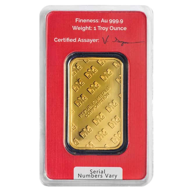 1 oz Republic Metals (RMC) Gold Bar .9999 Fine (In Assay)