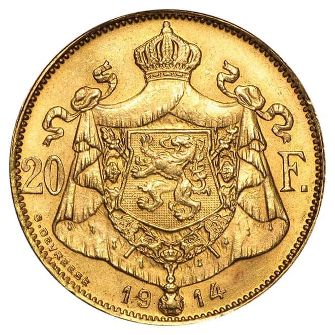 1914 Belgium Gold 20 Francs Albert I Avg Circ AGW .1867 oz