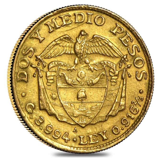 Colombia Gold 2.5 Pesos Coin AGW .1177 (1913-1929, Random Year)