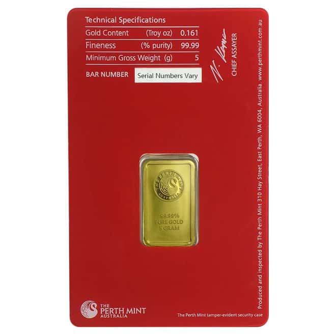 5 gram Perth Mint Oriana Design Gold Bar .9999 Fine (In Assay)