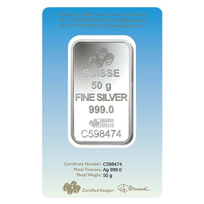 50 gram PAMP Suisse Silver Bar - Ka 'Bah Mecca (in Assay) .999 Fine