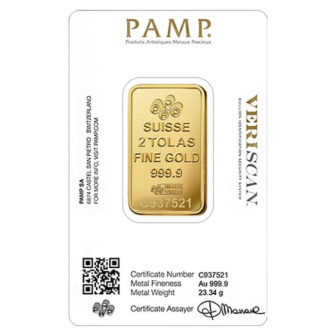 Box of 25 - 2 Tolas Gold Bar PAMP Suisse Lady Fortuna Veriscan .9999 Fine (In Assay)