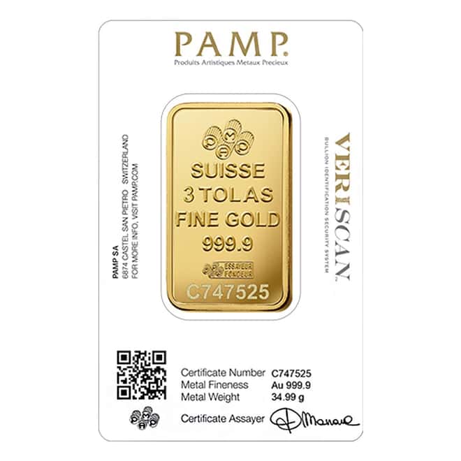 3 Tolas Gold Bar PAMP Suisse Lady Fortuna Veriscan .9999 Fine (In Assay)