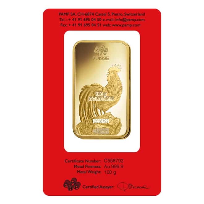 100 gram PAMP Suisse Year of the Rooster Gold Bar (In Assay)