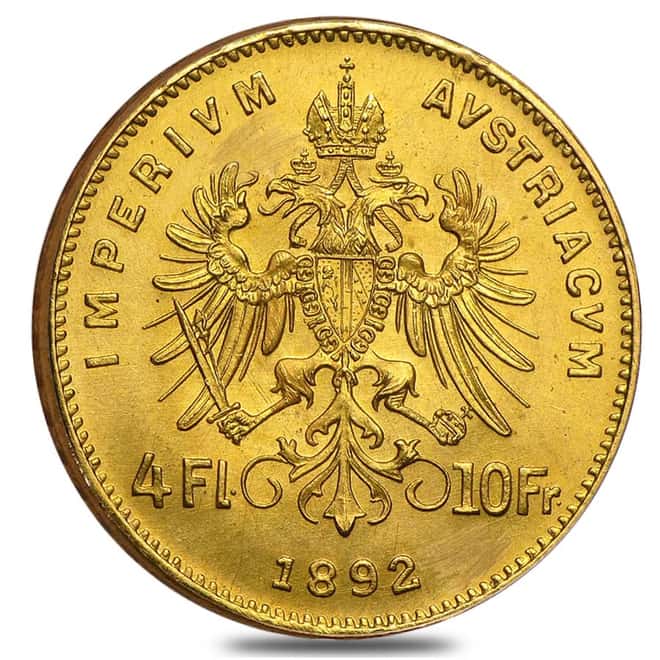 1892 Austria Gold 4 Florins/10 Francs AGW .0933 oz (Abrasions)