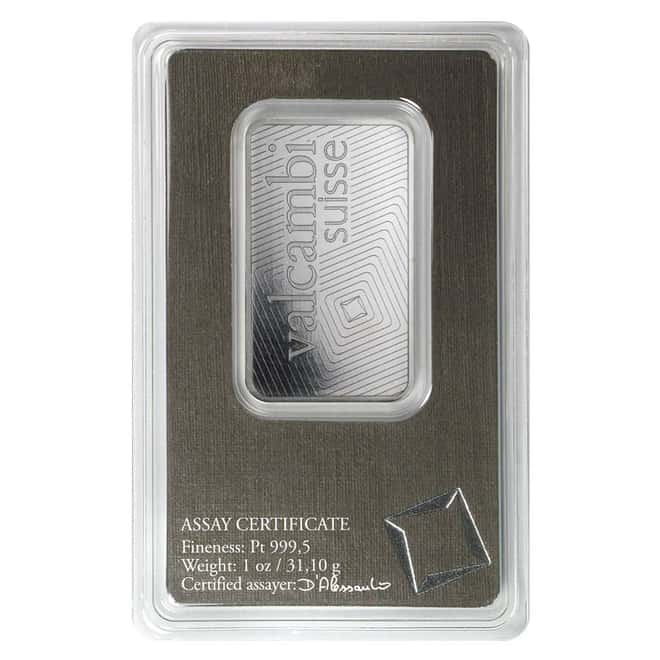 1 oz Platinum Bar - Valcambi Suisse .999+ Fine (In Assay)