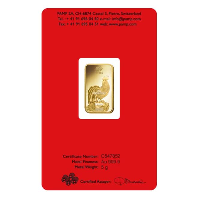 5 gram PAMP Suisse Year of the Rooster Gold Bar (In Assay)