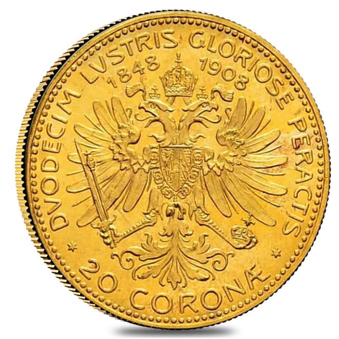 1908 Austria Gold 20 Corona 60th Anniversary UNC AGW .1960 oz