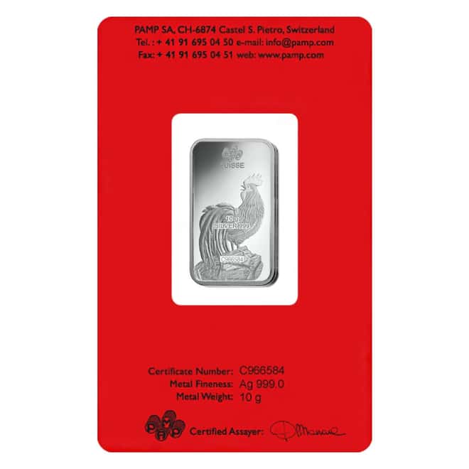 10 gram PAMP Suisse Year of the Rooster Silver Bar (In Assay)