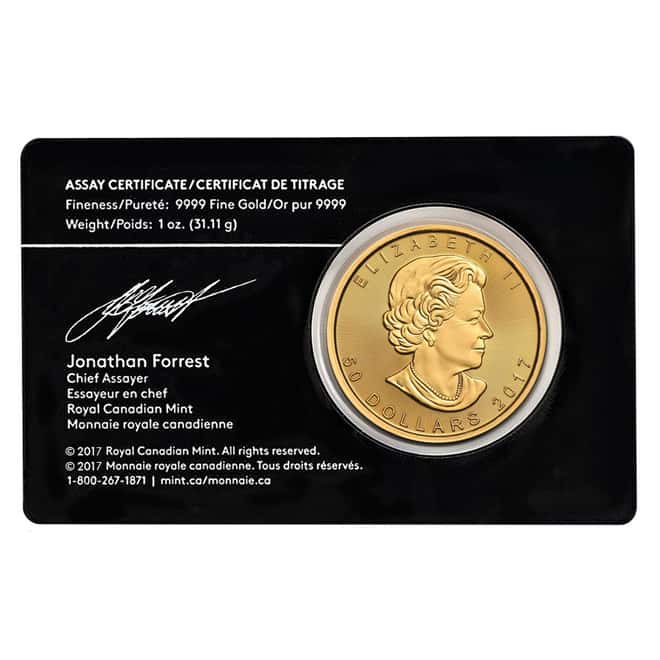 2017 1 oz Canadian Gold Maple Leaf $50 Coin .9999 Fine Gold (In Assay Card)