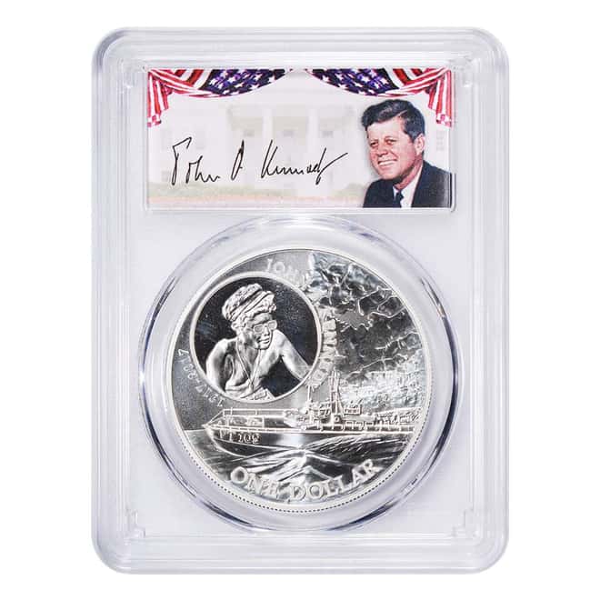 2017 1 oz Silver JFK Solomon Islands PCGS MS 70 First Strike (US Flag JFK Label)