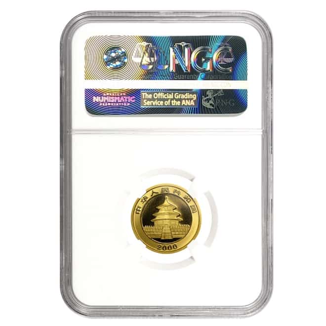 2000 1/10 oz China Gold Panda Frosted Ring 10 Yuan NGC MS 66