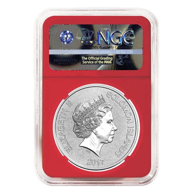 2017 1 oz Silver JFK Solomon Islands NGC MS 70 FDOI First Day of Issue (JFK Signature Label Red)