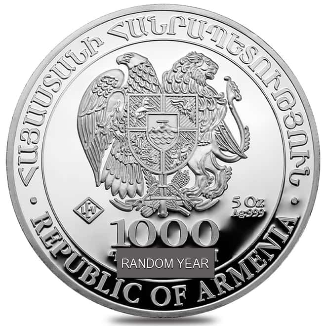 Armenia 5 oz Noah's Ark Silver Coin 1000 Dram BU (Random Year)
