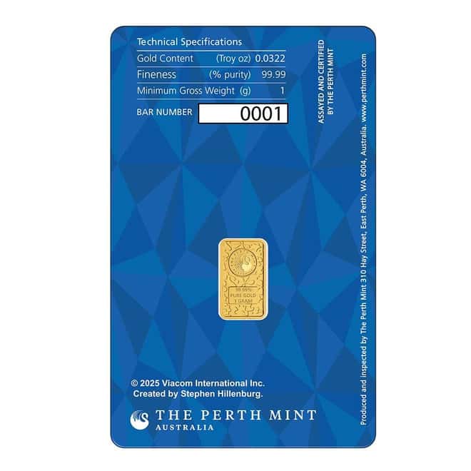 2025 1 Gram Perth Mint SpongeBob SquarePants™ Gold Bar (in Assay)