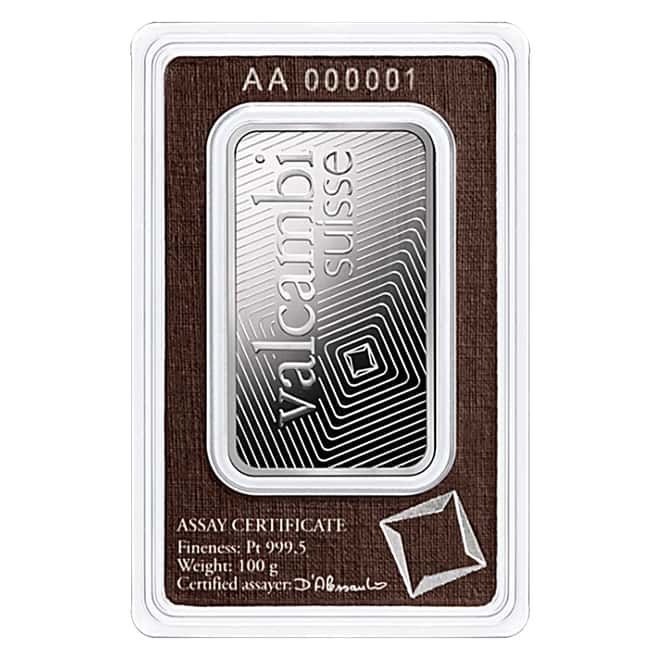 100 gram Platinum Bar - Valcambi Suisse .9995 Fine (In Assay)