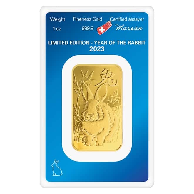 1 oz Argor Heraeus Lunar Year of the Rabbit Gold Bar .9999 Fine (In Assay)