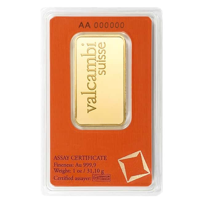 1 oz Gold Bar Valcambi Suisse .9999 Fine (In Assay)