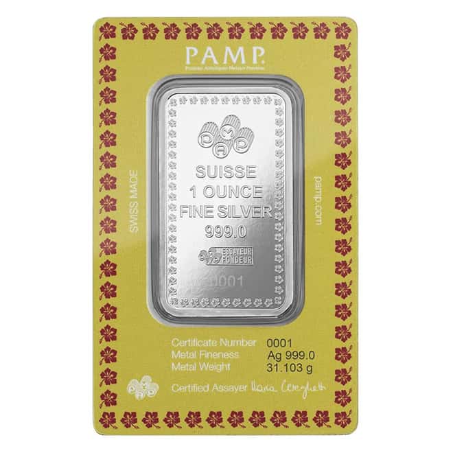 1 oz PAMP Suisse Diwali Lakshmi & Peacocks Silver Bar .999 Fine (in Assay)