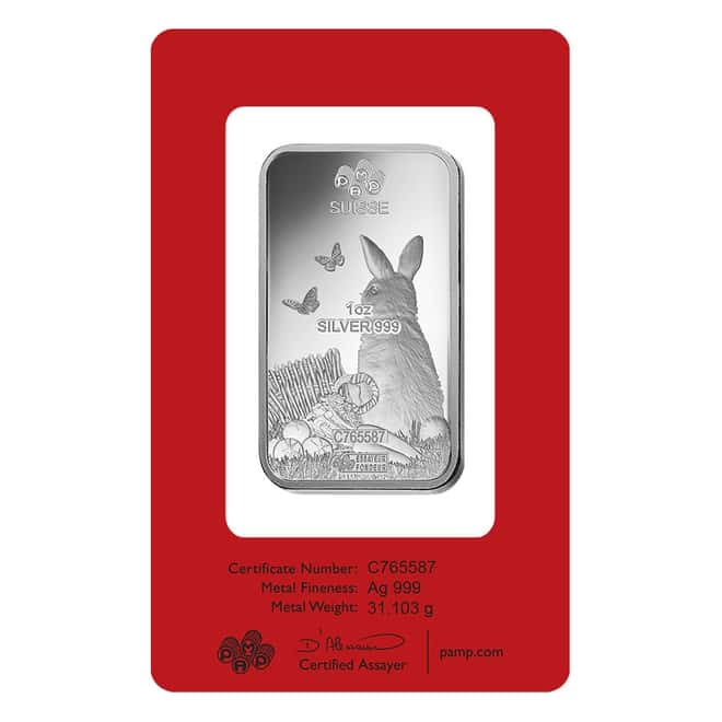 Box of 25 - 1 oz PAMP Suisse Year of the Rabbit Silver Bar (In Assay)