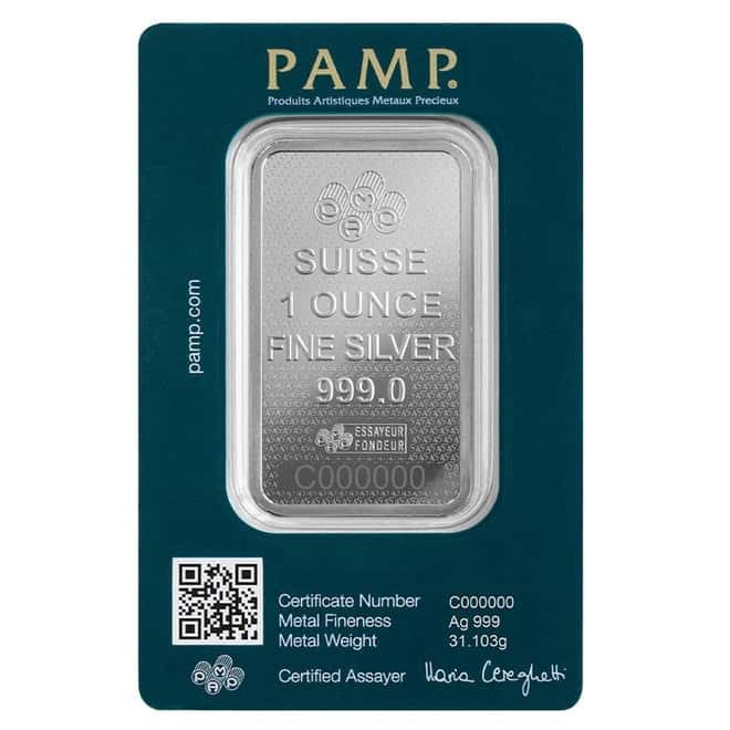 1 oz Silver Bar PAMP Suisse Lady Fortuna 45th Ann (in Assay)